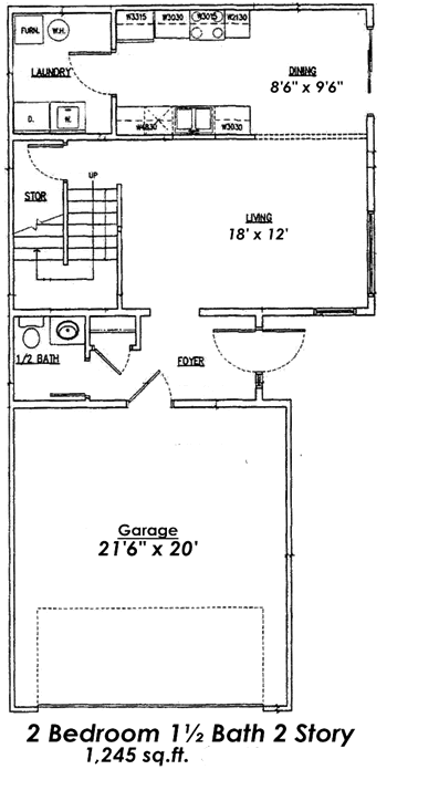 Floor plan for 2 beds, 1.5 baths, 1250 sqft